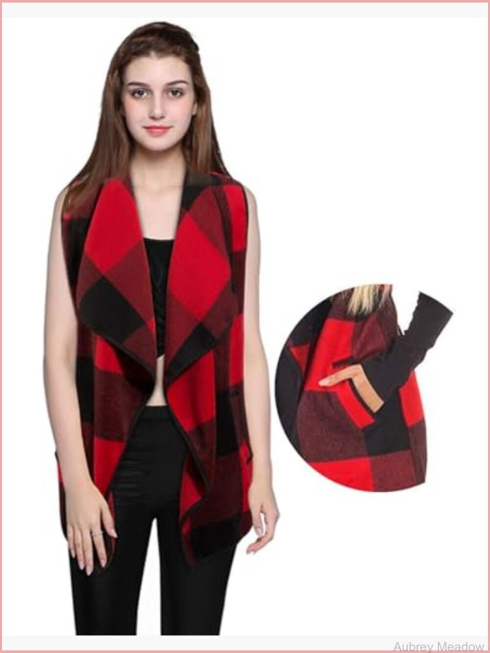 Sleeveless Buffalo Plaid Vest Jacket with Pockets Open Front Cardigan - Picture 4 of 7